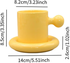 Chubby Mug Saucer Set,Coffee Cup,Novelty Funny 300ml Teacup Ceramic Mug Cup for Women Gift Office Espresso Drinks, yellow