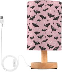 Pink Bat Silhouettes Bedside Table Lamp Small Desk Lamps Linen Fabric Shade Decorative Nightstand Lamp LED with USB Port Wood Base for Bedroom Living Room