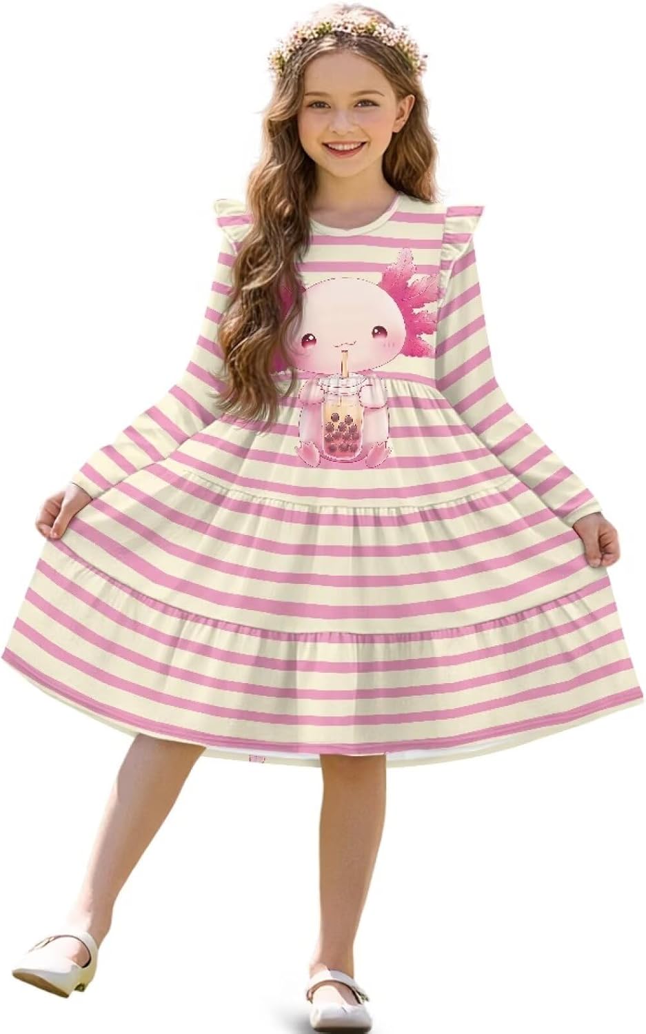 Girl's Long Sleeve Dress Cute Ruffle Sleeve Midi Dress for Spring, Summer & Fall, A-Line Midi Casual Sundress