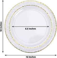 Efavormart 10 Pack | 10" Opaque Black & Gold Rim Plastic Dinner Plates, Round with Hammered Print Design