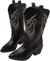 Women's Cowboy Boots Square Toe Wide Calf Cowgirl Boots Pointed Toe Chunky Heel Vintage Country Western Wide Calf Botas