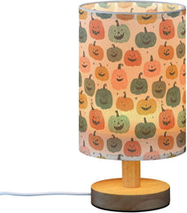 Doodle Style Pumpkins Bedside Table Lamp Small Desk Lamps Linen Fabric Shade Decorative Nightstand Lamp LED with USB Port Wood Base for Bedroom Living Room