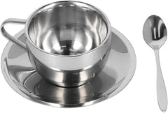 3PCS Coffee Cup Set, Stainless Steel Double Walled Mugs Milk Tea Cup with Saucer and Spoon for Latte, Cappuccino, Milk, Tea (Milan Double Layer Set-180ML)