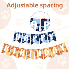Blue and Orange Happy Birthday Banner, Pre-Strung Cute Dog Paw Print Bunting Banner Cartoon Theme Party Decorations for Boys Kids Baby Shower Celebration Supplies