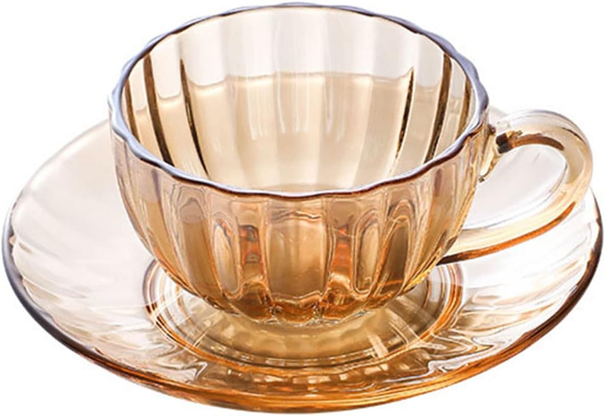 Sizikato Clear Glass Cup & Saucer Set, 6 Oz Scented Tea Cup Coffee Mug, Pumpkin Stripes