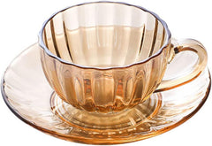 Sizikato Clear Glass Cup & Saucer Set, 6 Oz Scented Tea Cup Coffee Mug, Pumpkin Stripes