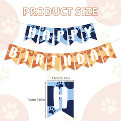 Blue and Orange Happy Birthday Banner, Pre-Strung Cute Dog Paw Print Bunting Banner Cartoon Theme Party Decorations for Boys Kids Baby Shower Celebration Supplies
