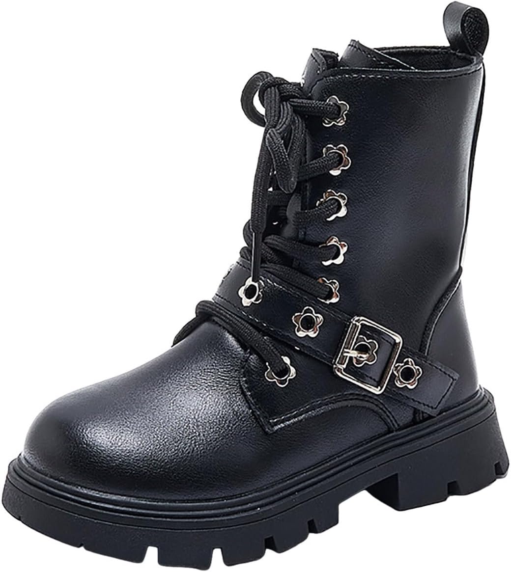 IWIHMIV Girls Ankle Boots Boys Leather Hiking Snow Boots With Side Zipper Lace Up Slip On Ankle Casual Walking Boot