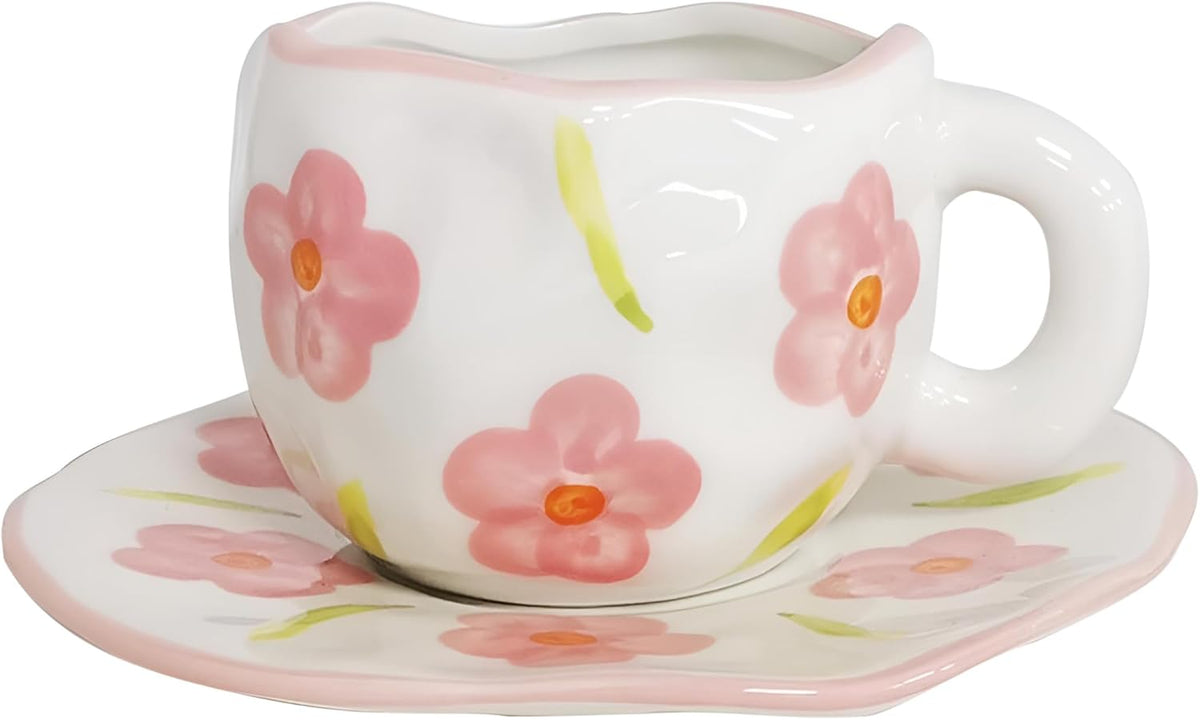 Ceramic Coffee Mug with Saucer Set, Cute Tea Mug and Cup for Office and Home, 10oz/300ml Creative Mug for Latte Tea Milk (Pink Flower)