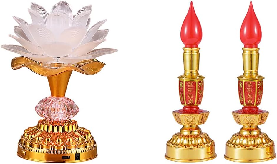 7 Colorful LED Lotus Buddhist Lamp - White + Led Retro Chinese Candle lamp 1 Pair