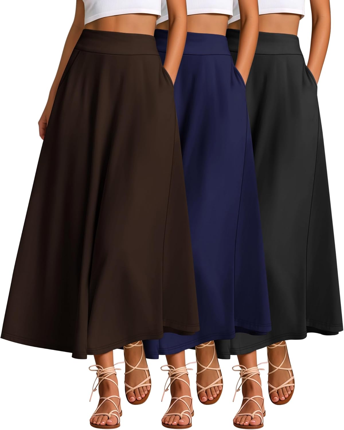 Ficerd 3 Pack Women's Maxi Long Skirts with Pockets, A Line Ankle Length High Waisted Flowy Soft Cotton Summer Casual Skirts