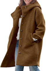 chouyatou Women's Winter Single Breasted Long Wool Coat with Hood Casual Wool Blend Trench Coat Jacket