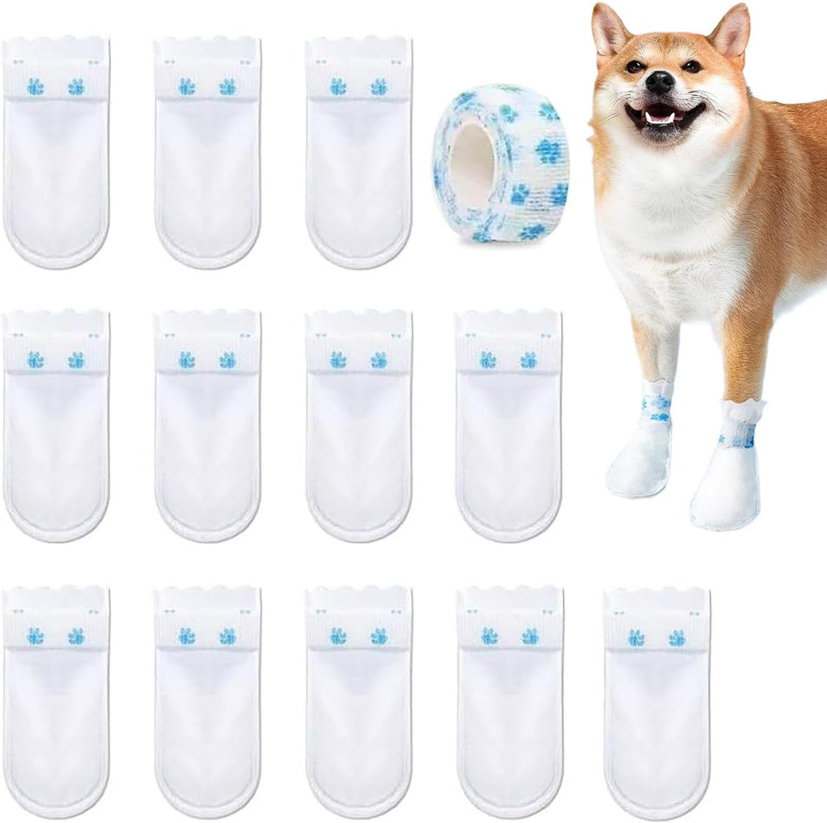 12 Pieces disposablee Dog Boots & Paw Protectors - Waterproof Dog Booties | Non-Woven Dog Boots Paw Protectors | Dog Paw Socks Protector with Adhesive Bandage for Small Medium Dogs