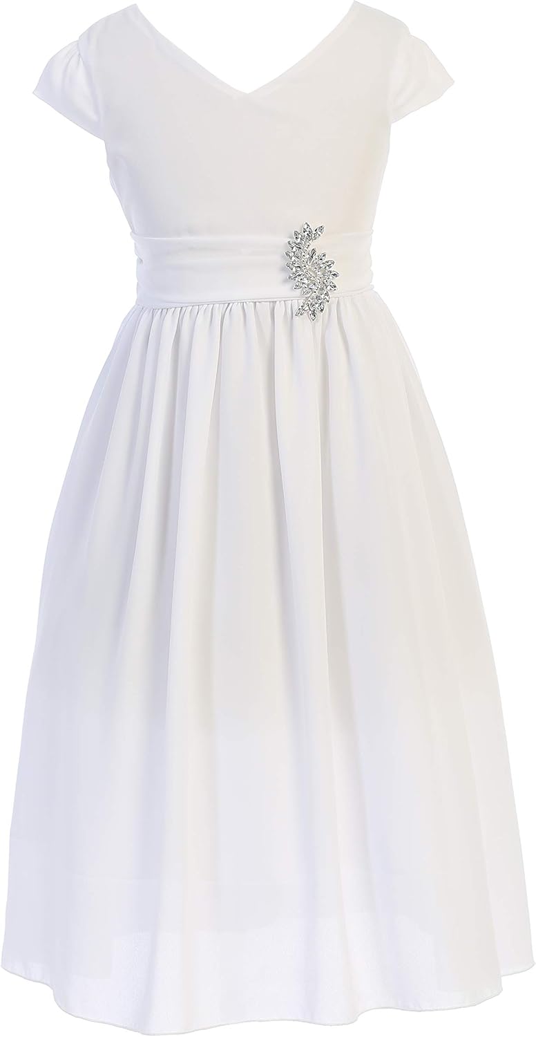 Flower Girl Dress Chiffon Rhinestone Pin V Neck Light Weight Girl Dress Party Dress for Girl