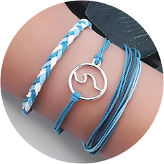 3Pcs Blue Braided Rope Bracelets Set String Wave Bracelet Summer Beach Jewelry for Women