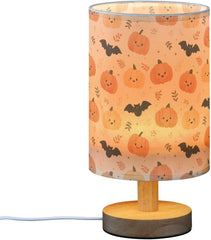 Cute Pumpkins Bats Bedside Table Lamp Small Desk Lamps Linen Fabric Shade Decorative Nightstand Lamp LED with USB Port Wood Base for Bedroom Living Room
