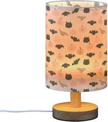 Cute Pastel Pumpkin Bats Bedside Table Lamp Small Desk Lamps Linen Fabric Shade Decorative Nightstand Lamp LED with USB Port Wood Base for Bedroom Living Room