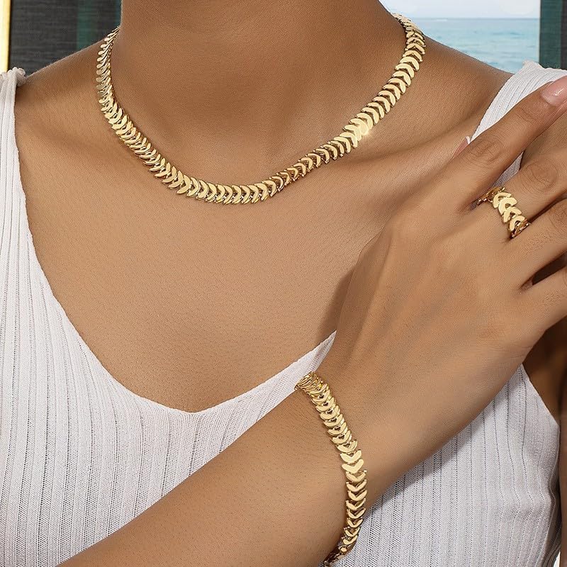 3PCS Flat Snake Chain Jewelry Set, Women's Wheat Motif Necklace, Bracelet, and Ring Set, Trendy Gold Tone Stackable Fashion Accessories, Jewelry Set (Gold)