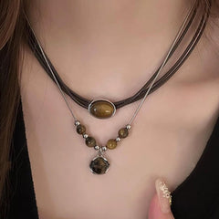 Crystals Layered Necklace Tiger Eye Amethyst Lucky Blessing Protection Chakra Beads Stone Pendant for Women Men Adjustable