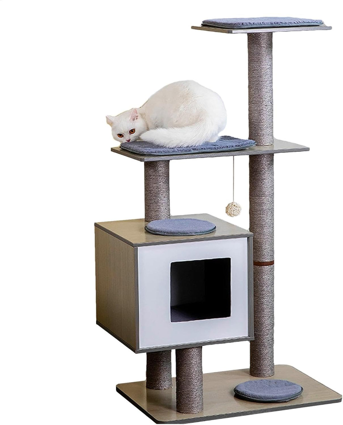 Cat Tree 29" Wooden Cat Tower with Condos,Spacious Perches,5 Fully Enclosed Sisal Scratching Posts and Dangling Pom Poms,5 Tier Modern Cat Tower with Activity Pads for Indoor and Outdoor Use,Gray