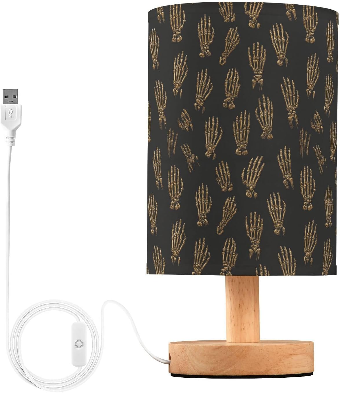 Gold Skeletal Hands Bedside Table Lamp Small Desk Lamps Linen Fabric Shade Decorative Nightstand Lamp LED with USB Port Wood Base for Bedroom Living Room