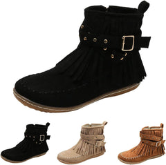 Cowboy Boots for Women Fringe Studded Stitched Ankle Booties 2025 Roman Retro Round Toe Side Zipper Flock Cowgirl Boots