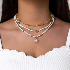 3PCS Star-shaped Scallop Pearl Necklace, Three Layer Adjustable Chain, Bohemian Coastal Layering Jewelry, Shell Charm Multi Strand Pendant Necklaces Set (White&Gold)