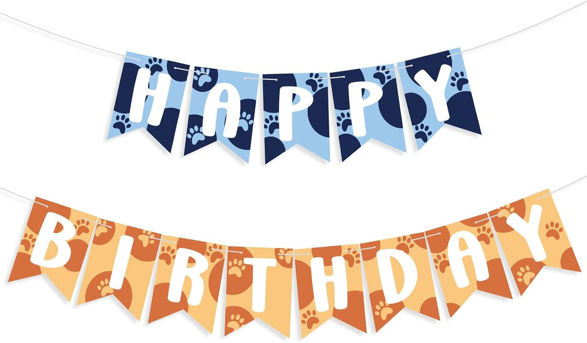 Blue and Orange Happy Birthday Banner, Pre-Strung Cute Dog Paw Print Bunting Banner Cartoon Theme Party Decorations for Boys Kids Baby Shower Celebration Supplies