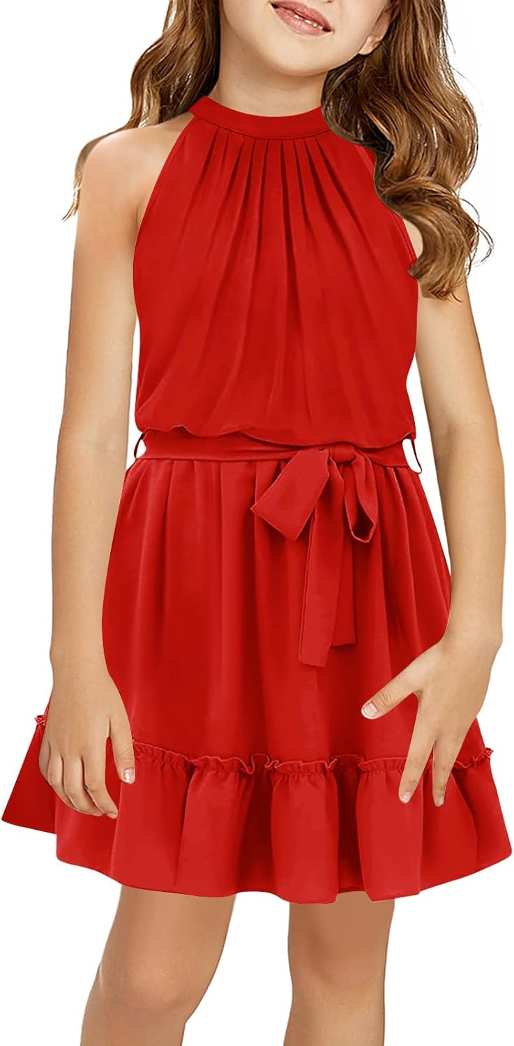 Newffr Girl's Halter Neck Sleeveless Summer Dress Tie Waist A-line Sundress Mini Swing Pleated Dress for Girls 4-12