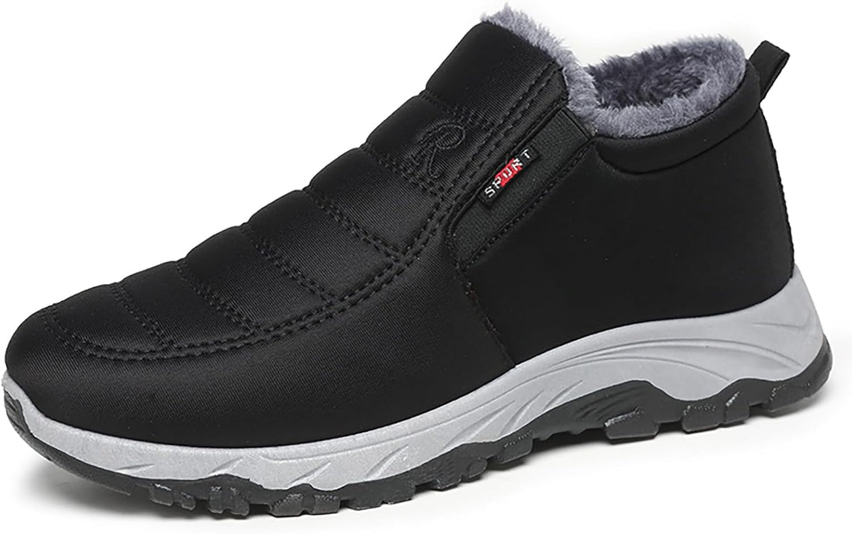 Men's Wide Warm Fur Lined Slip On Snow Boots Winter Hand Stitching Low Top Anti-Slip Loafers Shoes Comfortable Lightweight Casual Walking Shoes