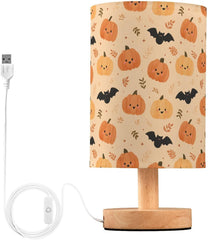 Cute Pumpkins Bats Bedside Table Lamp Small Desk Lamps Linen Fabric Shade Decorative Nightstand Lamp LED with USB Port Wood Base for Bedroom Living Room