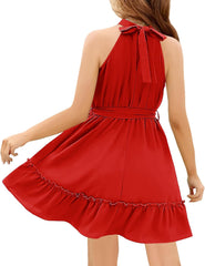 Newffr Girl's Halter Neck Sleeveless Summer Dress Tie Waist A-line Sundress Mini Swing Pleated Dress for Girls 4-12