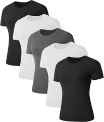 1/5 Pack Women's Short Sleeve Basic T Shirts Tees, Slim Fit Crew Neck Tshirt Summer Tops for Casual Workout Trendy