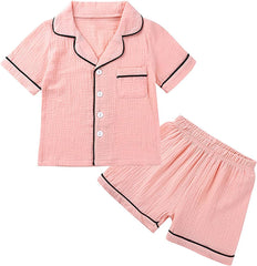 Boys Girls Pa𝗷ama Short P𝗝s Set Breathable Loun𝗴ewear Kids Solid Button-Down Slee𝗽wear Pocket N𝐢ghtwear Clothes