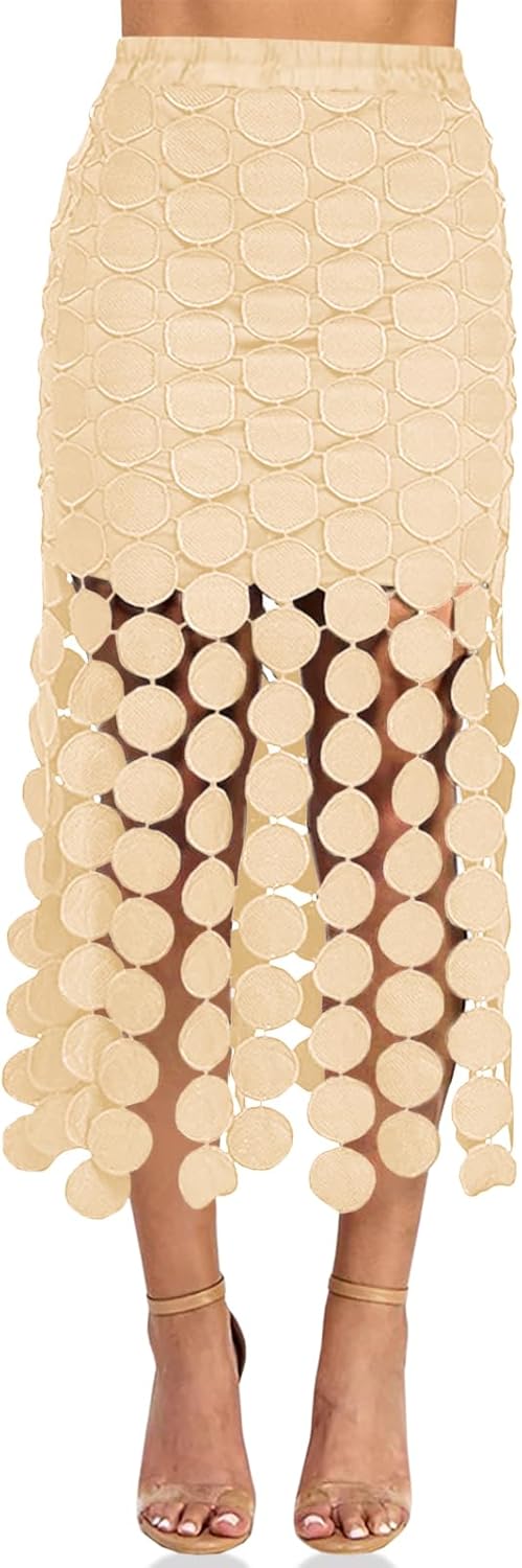 Cicy Bell Womens Hollow Out Maxi Skirts Summer High Waisted Boho Fringe Hem Skirt Beach Vacation Outfits