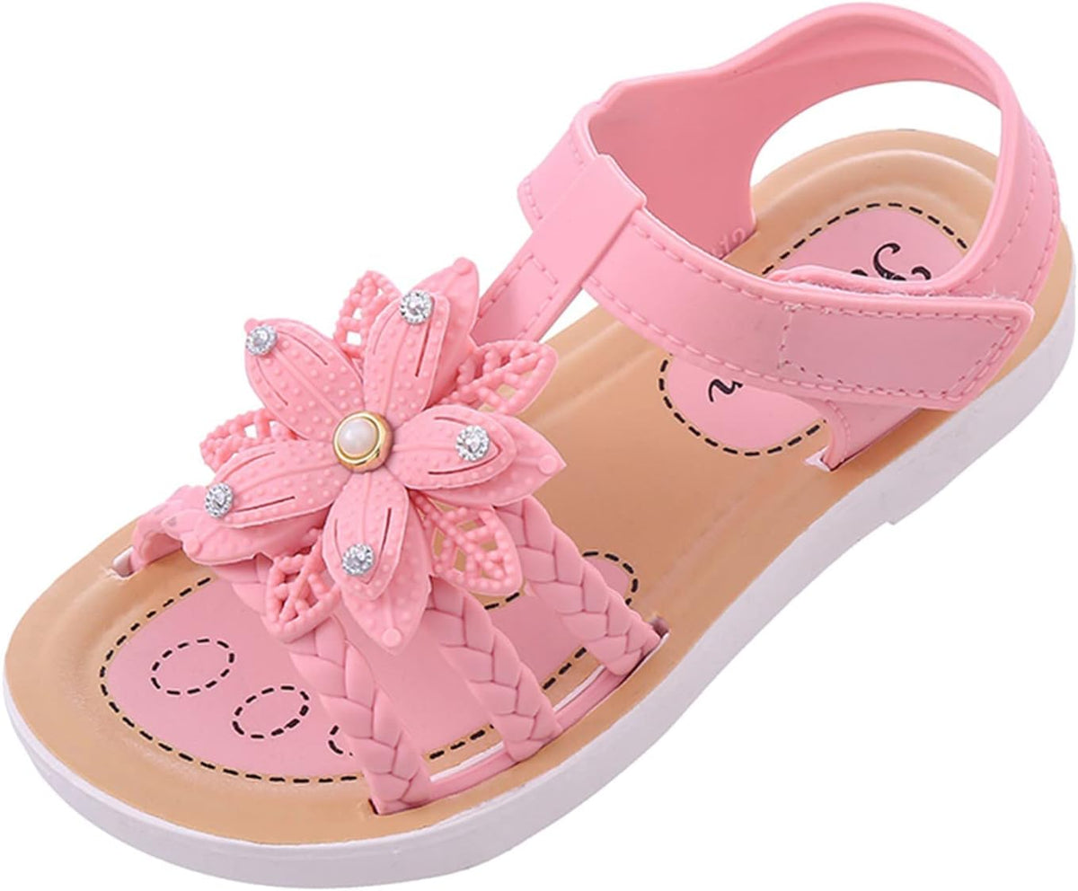 Flower Sandals for Girls, Open Toe Soft Flat Shoes Fashion Comfortable Bow Lightweight Girls Princess Dress Shoes (Pink, 4.5-5 Years Little Child)