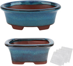 Bonsai Planter Succulent Small Glazed Pots, Value Set of 2 + 4 Soft Mesh Drainage Screens