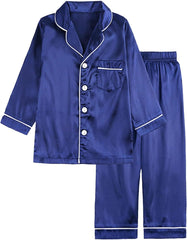 Boys Girls Silk 𝐏ajamas Set 2 Piece Button Sl𝐞epwear Long Sleeve Shirts Pants Solid 𝐏js Soft Loung𝐞wear for Teens