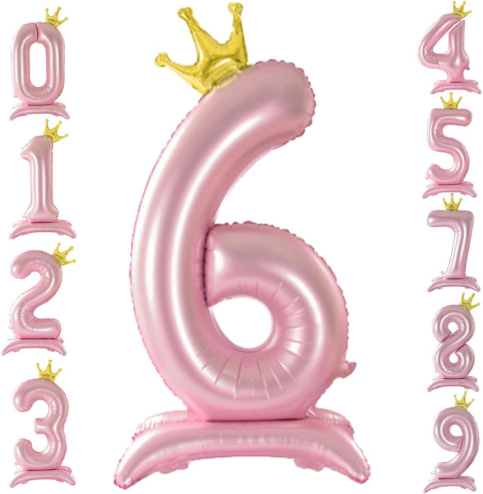 42 Inch Crown Pink Number Balloon, Number 6 Balloon with Base for Girls 6th Birthday Party Decoration, Anniversary Decor Theme Party Supplies (Pink 6)