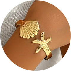 Gold Plated Starfish Bracelets Ocean Beach Open Cuff Bangle for Summer Jewelry for Women