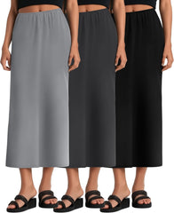 Huukeay 3 Pack Long Maxi Skirts for Women, Back Slit Ankle Length Casual Skirts Elastic Waist Soft Pencil Skirts with Pockets