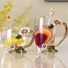Enamel Sunflower Crystal Lead-Free Glass Tea Cup with Spoon Set, Present for The Christmas, Valentine's Day.Best Present for Mother, Grandma, Girlfriend, Sister.