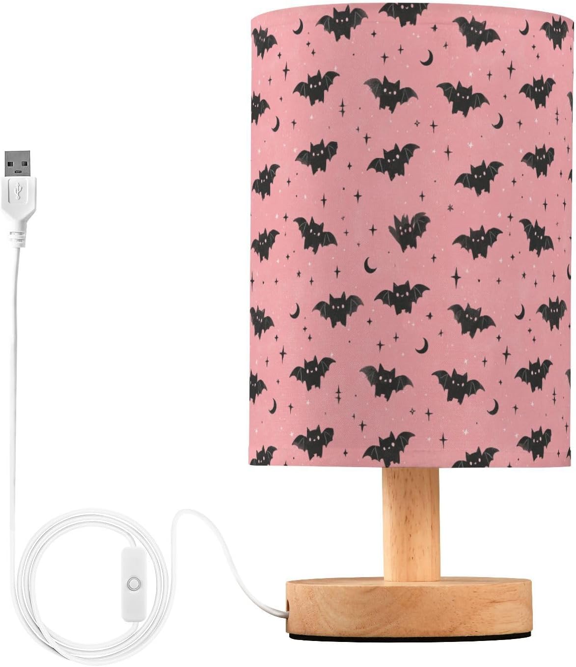 Cute Pink Bat Silhouettes Bedside Table Lamp Small Desk Lamps Linen Fabric Shade Decorative Nightstand Lamp LED with USB Port Wood Base for Bedroom Living Room