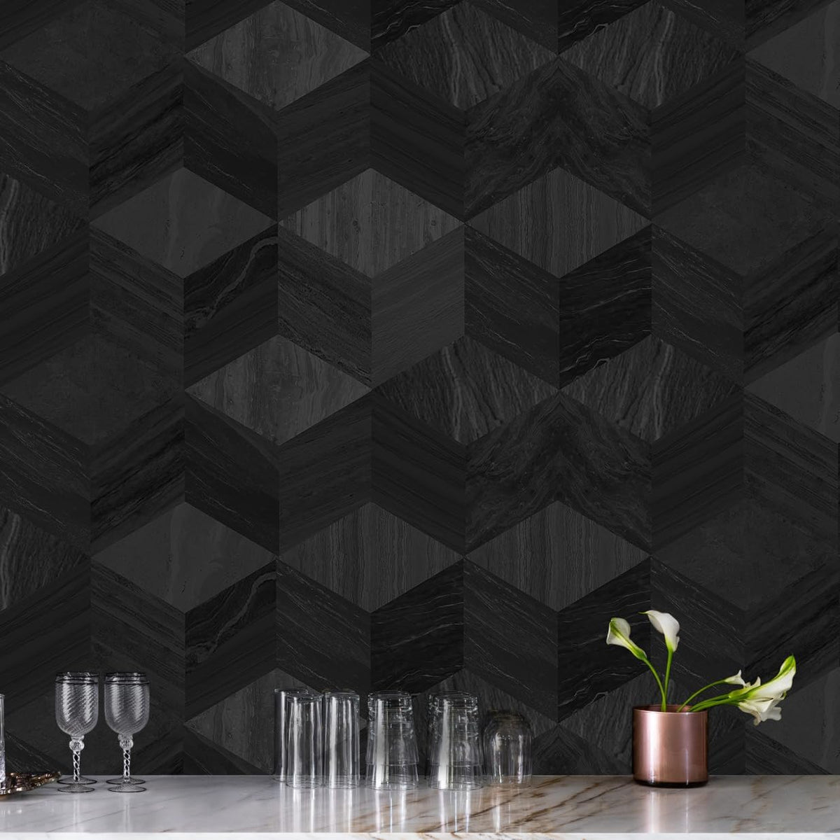 Guvana Peel and Stick 3D Geometric Wallpaper - Black Modern Removable Hexagon Self-Adhesive Vinyl Contact Paper for Bedroom & Living Room - 16.14''x78.7''