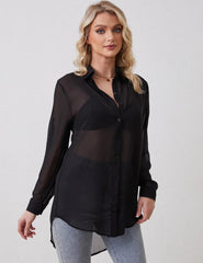 Arssm Women Sheer Button Up Blouse Mesh Long Sleeve Sexy See Through Tops Fashion Trendy Mesh Shirts Tops