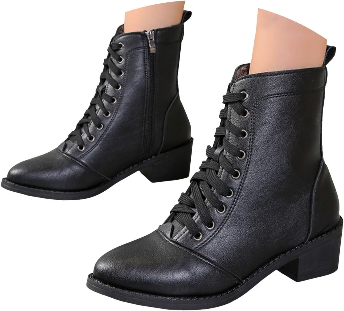 Women's Ankle Boots Lace up Fashion Combat Booties Fall Winter Low Chunky Heel Side Zipper Platform Lug Sole Motorcycle Boots Outdoor Non-Slip Pointed Toe Leather Booties for Women