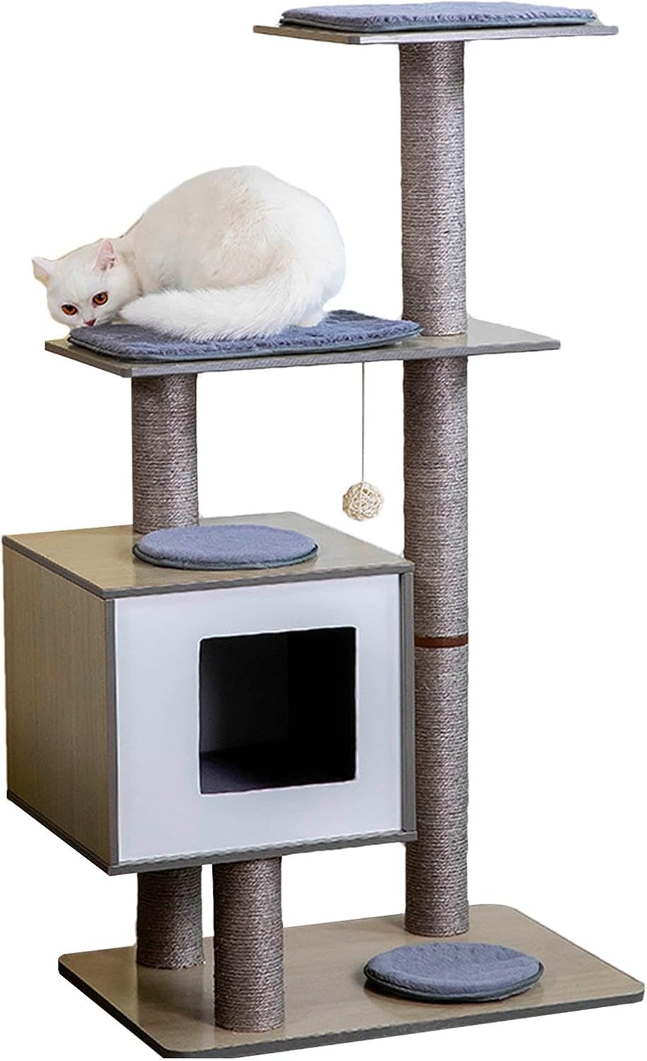 Cat Tree 29" Wooden Cat Tower with Condos,Spacious Perches,5 Fully Enclosed Sisal Scratching Posts and Dangling Pom Poms,5 Tier Modern Cat Tower with Activity Pads for Indoor and Outdoor Use,Gray