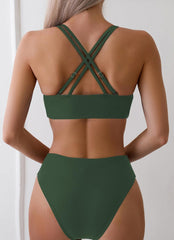 Tainehs Women's Push Up V Neck Bikini Sets Criss Cross Back Two Piece Bathing Suit
