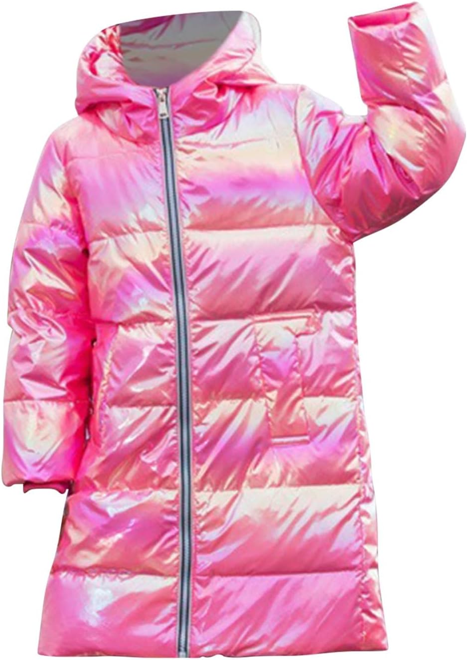 Boy's Girls Shiny Windproof Down Jacket Kids Long Sleeve Thicken Warm Fleece Hooded Jackets Outerwear Winter