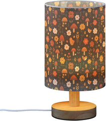 Autumn Mushrooms Flowers Birds Bedside Table Lamp Small Desk Lamps Linen Fabric Shade Decorative Nightstand Lamp LED with USB Port Wood Base for Bedroom Living Room